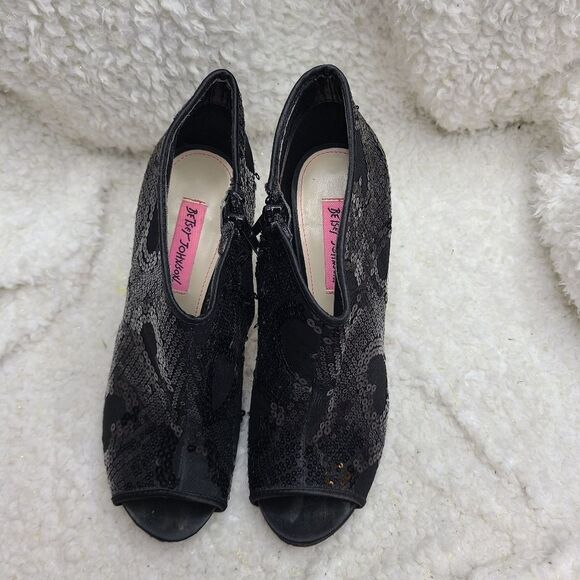 Betsey Johnson Marah Black Sequin Peep-toe Heeled Ankle Booties - Picture 3 of 10